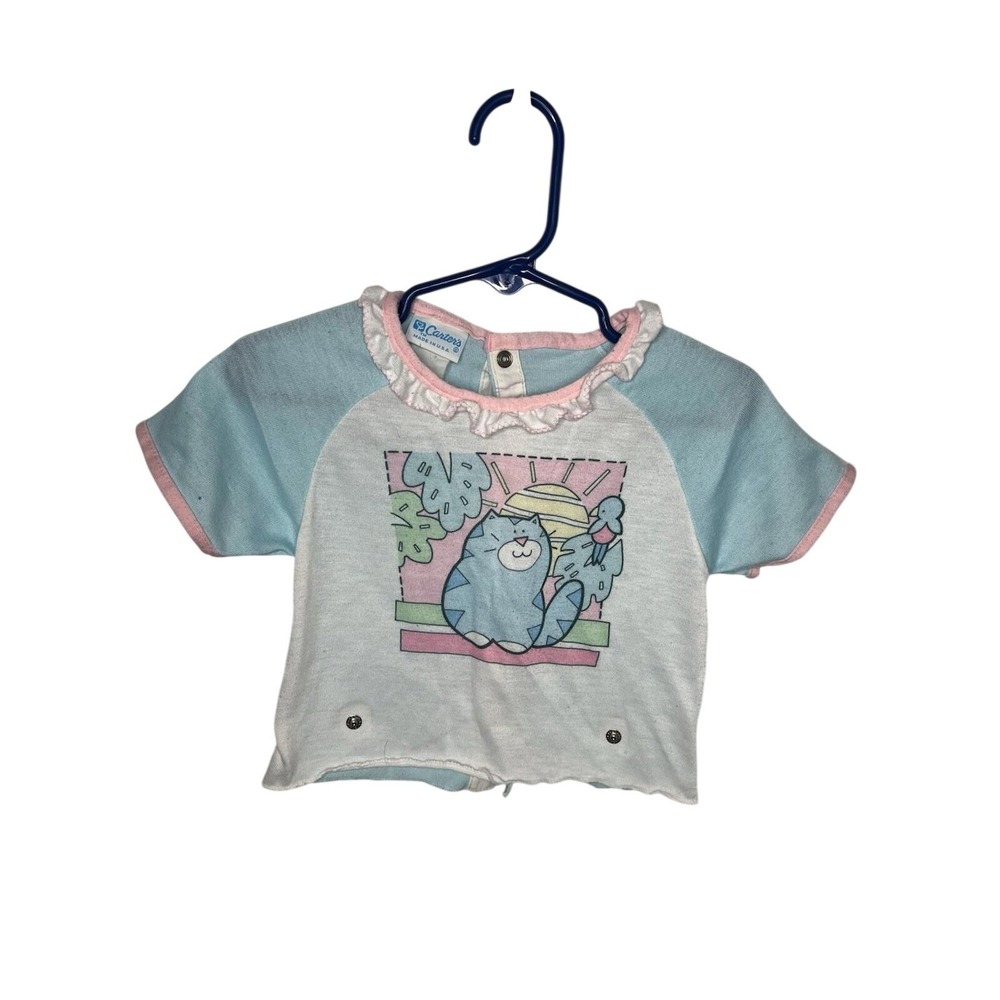 Vintage Baby Carter's T shirt Cat Bird‎ Scene 90's Blue Pink White Frill Collar